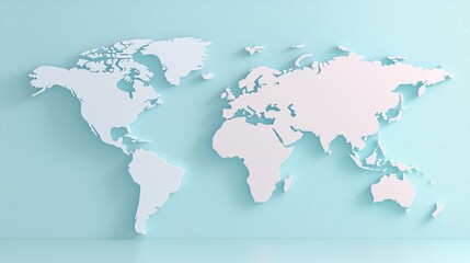 Fototapeta premium Simple world map on light blue background. A clean, minimalist illustration of the world map, rendered in a light pastel blue shade with white outlines. The map's design is simple,