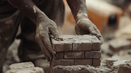 Hands Molding Clay Bricks