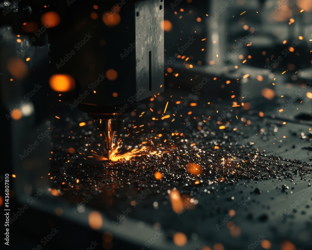 Poster close-up of a precision cutting machine creating sparks in a dark workshop environment.