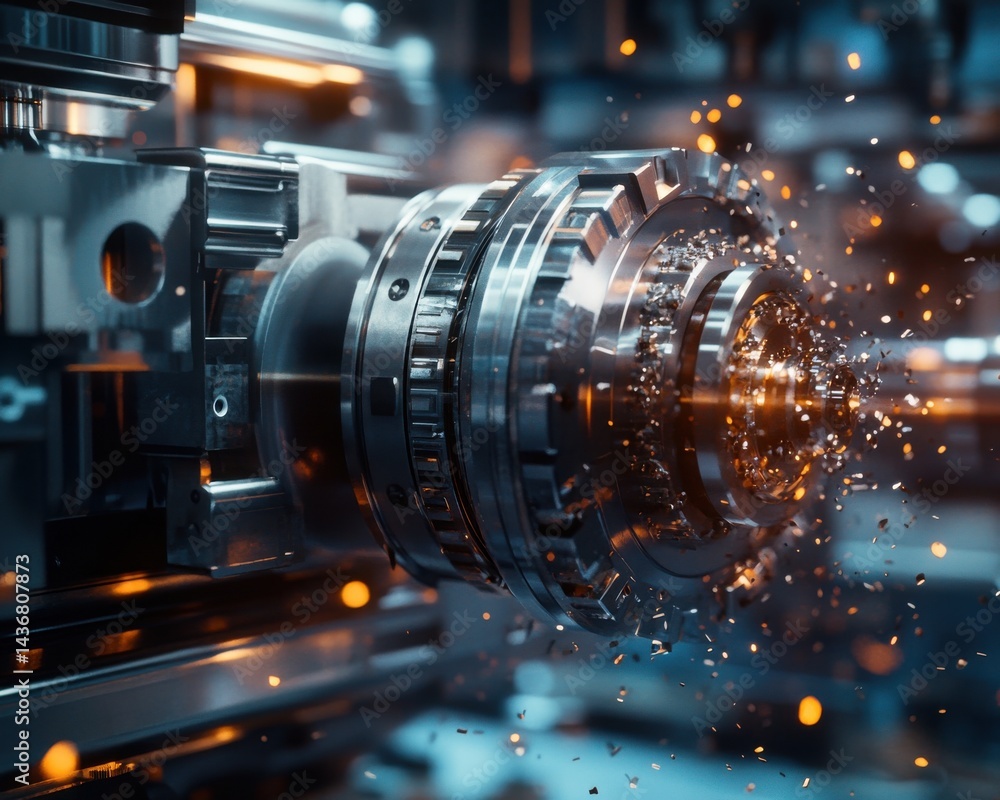 Poster close-up of a mechanical component generating sparks and debris in an industrial setting.