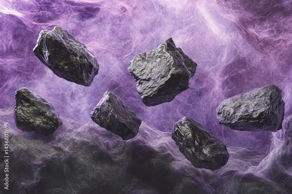 Poster dark, metallic rocks float in a purple, ethereal nebula, creating a mysterious and otherworldly scen