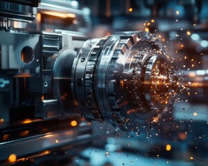 Close-up of a mechanical component generating sparks and debris in an industrial setting.