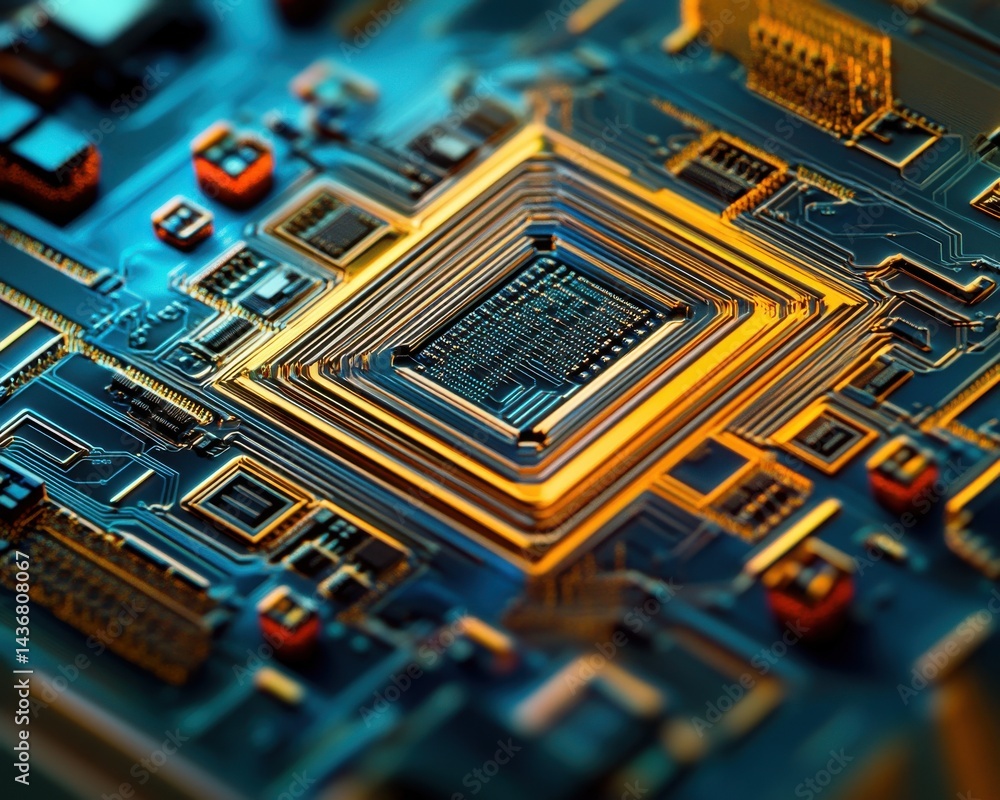 Poster close-up view of a gold and blue microchip, showcasing intricate circuitry and modern technology.