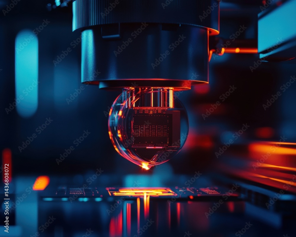 Poster a high-tech microchip being inspected under a precision microscope, showcasing intricate details and