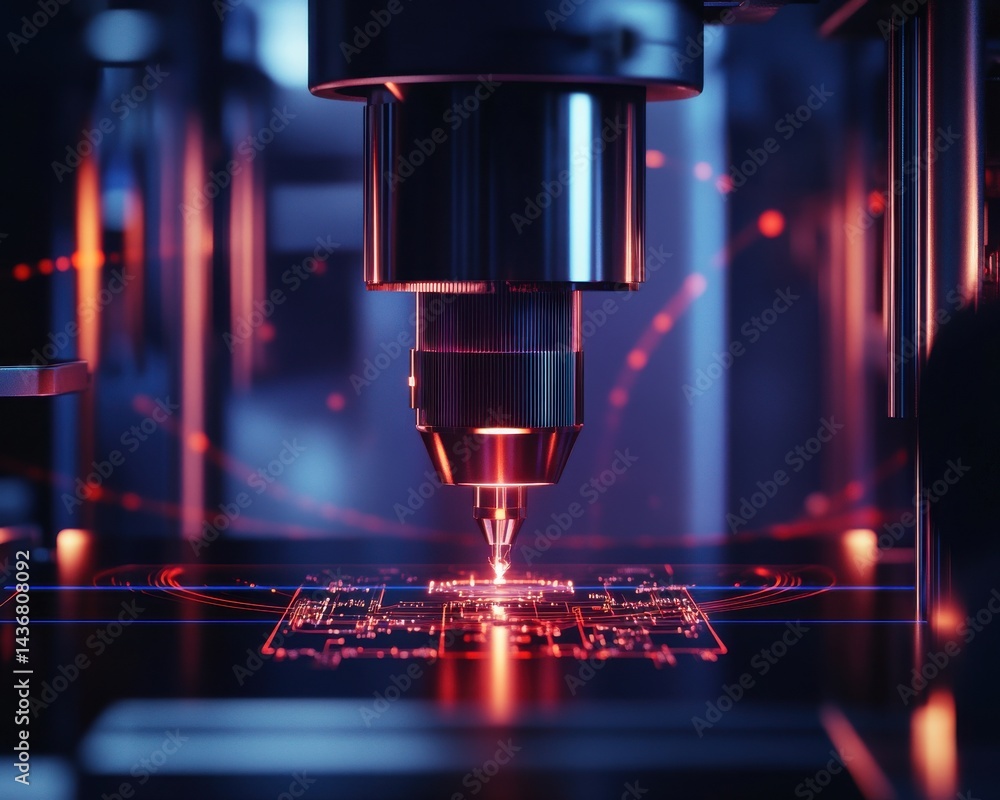 Poster high-tech laser engraving machine intricately detailing a circuit board in a futuristic lab setting.