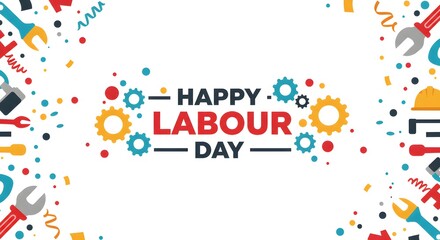 Happy Labour Day Background with Tools and Gears - Vector Illustration