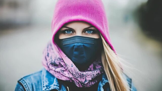 Woman wearing blue denim jacket, pink hood, pattern scarf and dark face mask, looking at camera, serious expression, urban scene