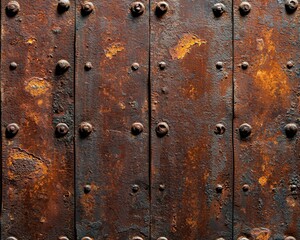 Fototapeta premium Aged, rusty metal plates with rivets, showing texture and corrosion in an industrial, weathered pattern.