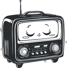 Black and white retro vintage radio cartoon illustration with antenna and knobs on white background