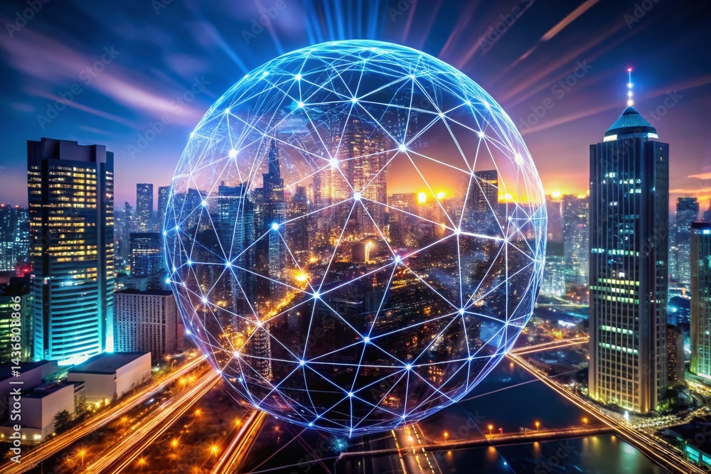 Aufkleber abstract cityscape glowing orb data flow connectivity high depth of field stock photo