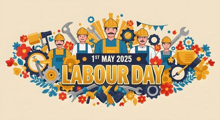 Happy Labour Day Vector Illustration with Workers, Tools and Flowers