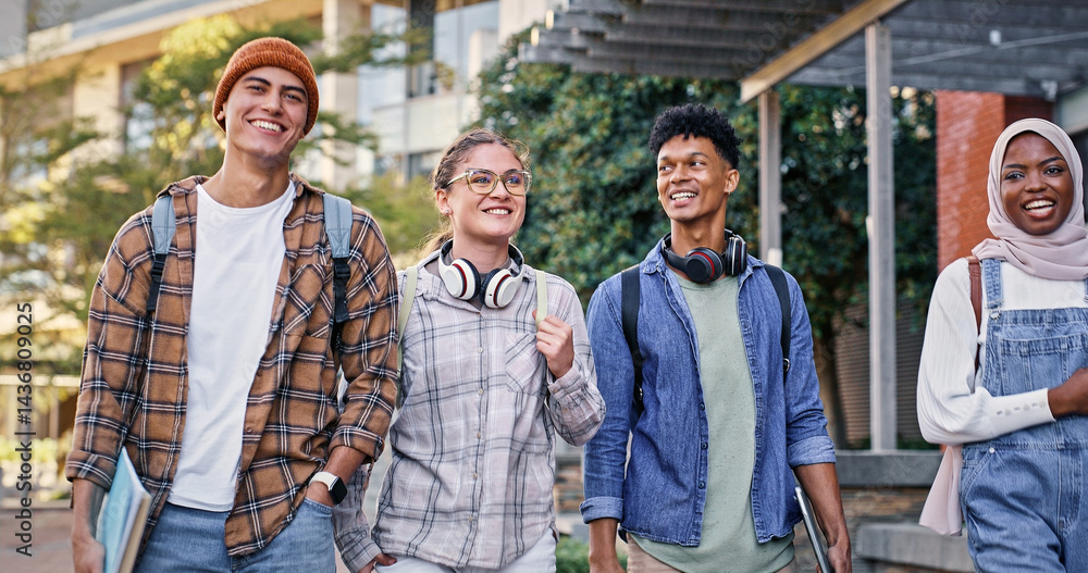 Aufkleber students, talking and walking to university class, education and share knowledge on module. people, 