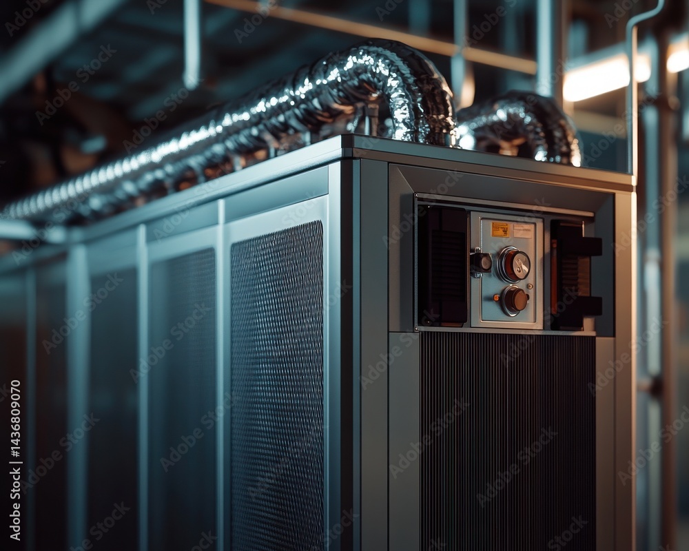 Poster close-up of a modern cooling unit with sleek design and metallic features in a high-tech environment
