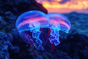 Fototapeta premium Two bioluminescent jellyfish glow vibrantly near rocks at sunset, creating a surreal underwater scene.