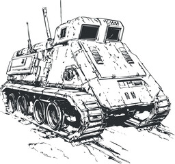 Black and white illustration of a military armored tracked tank vehicle designed for combat and defense