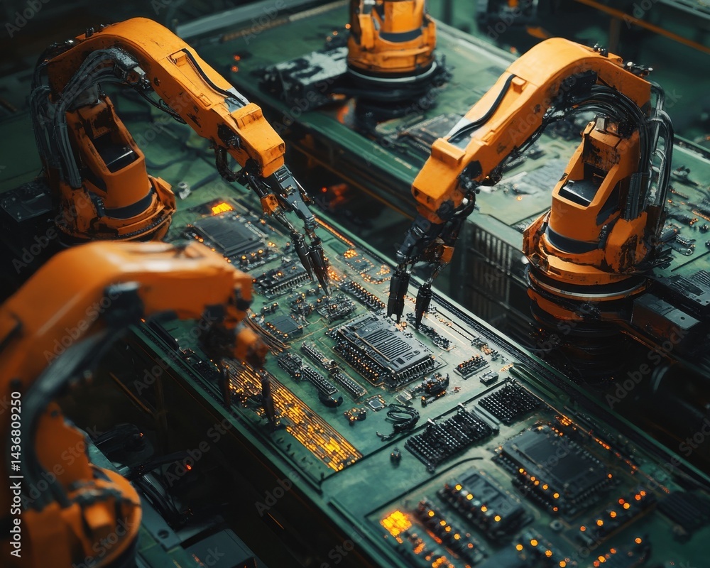Poster automated robotic arms assembling circuit boards in a high-tech manufacturing facility.