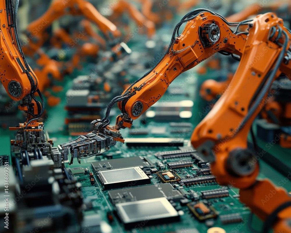 Poster high-tech orange robotic arms assembling microchips in a modern factory setting.