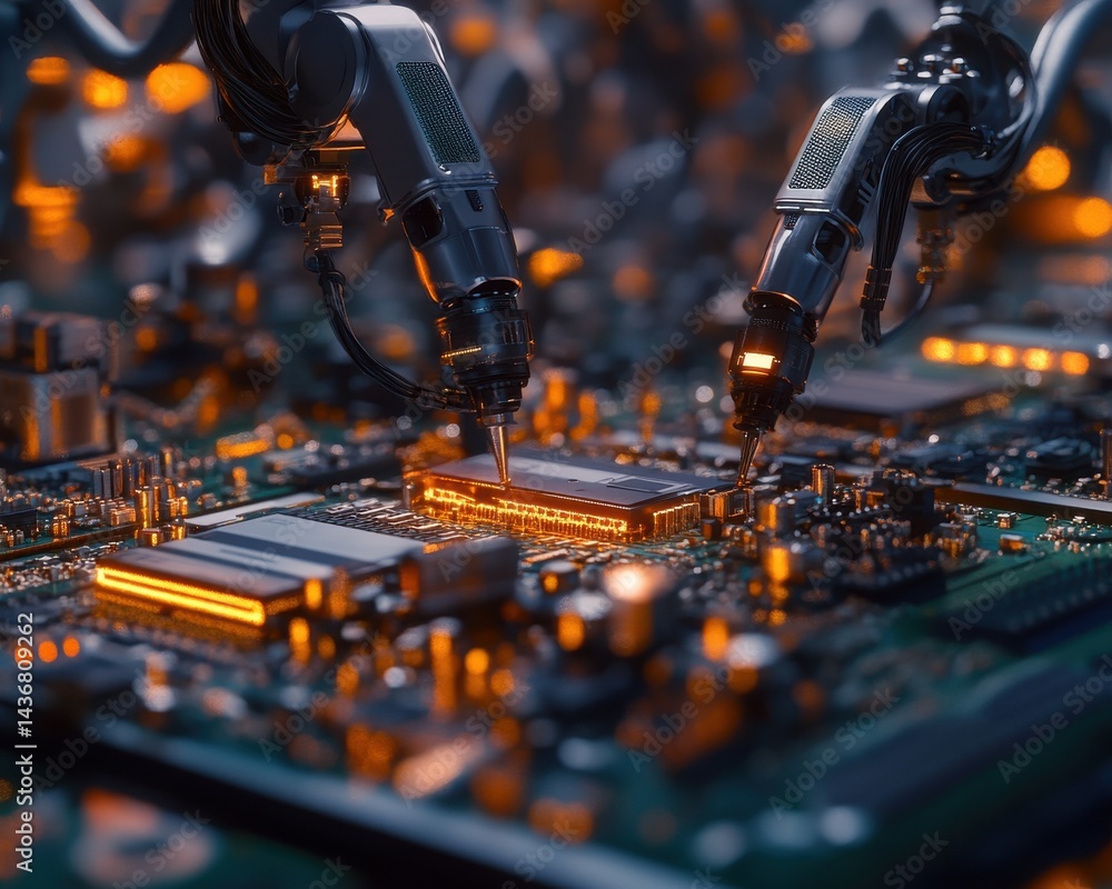 Poster advanced robotic arms assembling circuitry on a detailed microchip board in a futuristic setting.