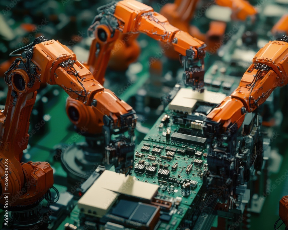Poster close-up of robotic arms assembling electronic components on a circuit board in a high-tech environm