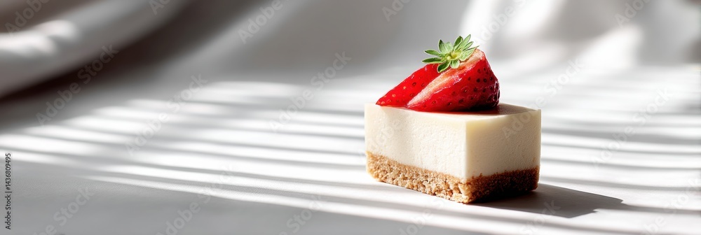 Poster delicate cheesecake slice topped with fresh strawberry on a white background showcasing soft shadows