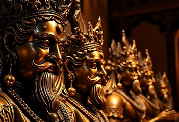Fototapeta premium row of golden statues of men with beards