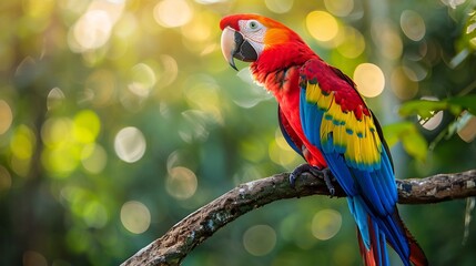 Stunning scarlet macaw perched on a high rainforest branch vibrant red blue and yellow feathers glowing under the sunlight ultra HD wildlife photography