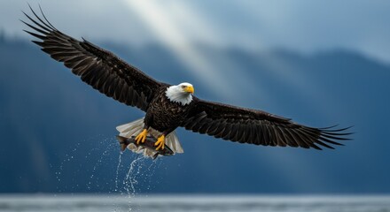 Fototapeta premium Bald Eagle Flying With Catch (Photo)