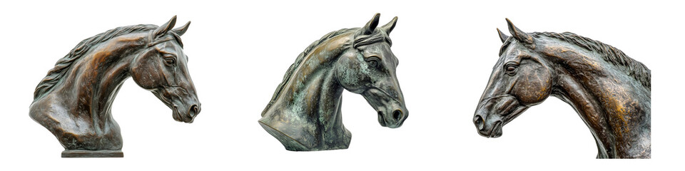 A collection of three bronze horse bust sculptures with realistic detail isolated on transparent background.
