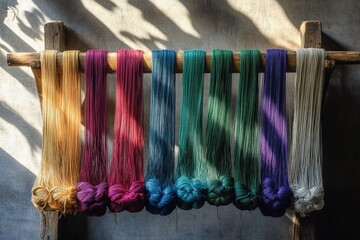 Vibrant dyed threads hang from a rustic wooden rack, showcasing a spectrum of colors.