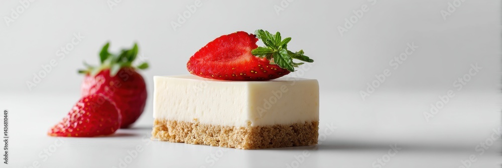 Aufkleber Delicate Cheesecake Slice Topped With Fresh Strawberry on a White Background With Soft Shadows in a Minimalist Setting