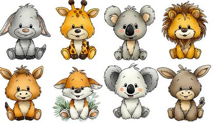 Cute animal illustrations bunny, giraffe, koala, lion, donkey, and fox