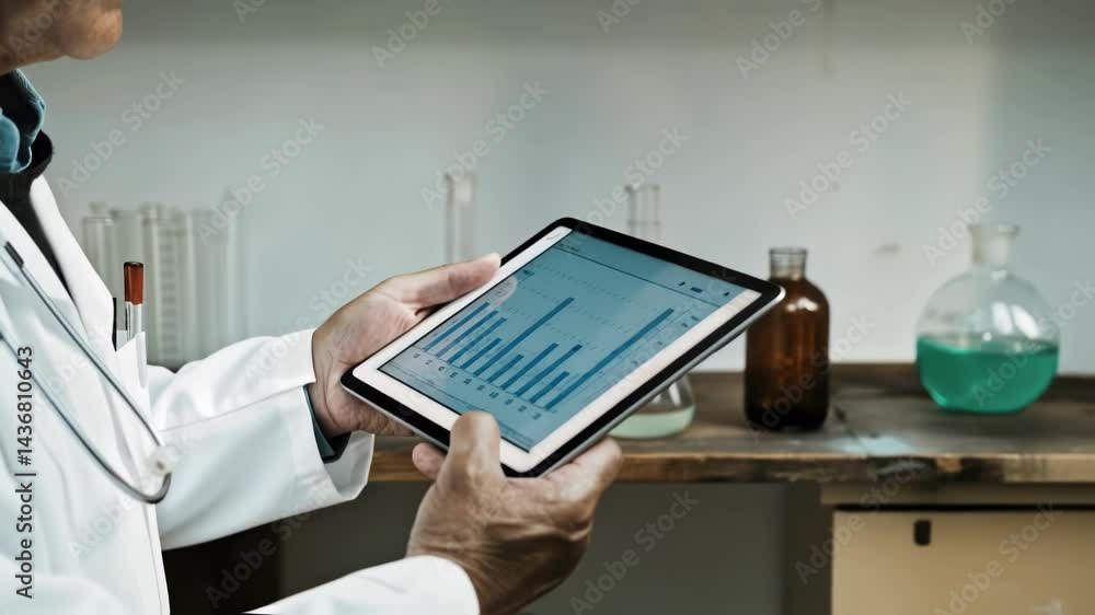 Poster a thoughtful expression on a senior biohackers face as they inspect a digital tablet displaying data