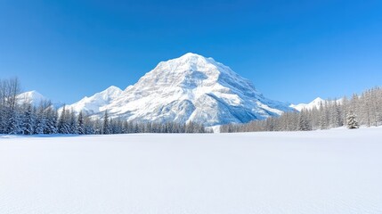 Fototapeta premium Snow-capped Mountain Winter Forest Vibrant Landscape High-resolution Panorama Deep snow Stunning vista Serene winter scene Bright blue sky Ideal for travel brochures