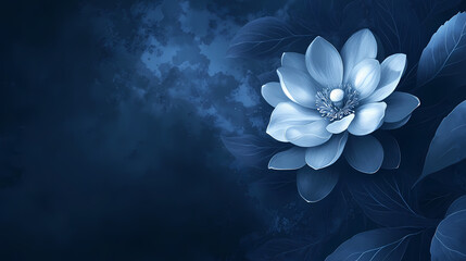 Delicate white flower on a dark blue moonlit night, nighttime, moon. Moonlit Blossom. Illustration