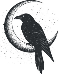 Black raven perched on crescent moon with mystical and gothic night theme illustration © vadymstock