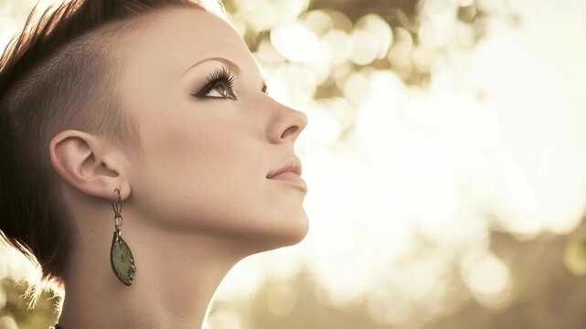 Portrait of a woman with shaved head looking up, wearing dangling earring with bokeh background on sepia toned photograph