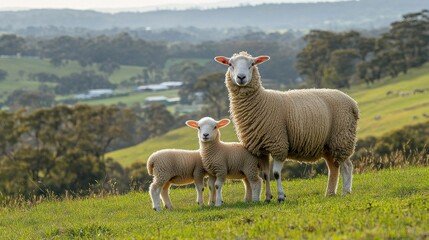 Obraz premium Ewe, lambs, hillside, pasture, rural, farm, sunset, agriculture, livestock, advertising
