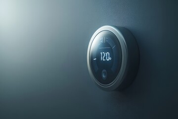 Fototapeta premium Close-up of a sleek, modern thermostat displaying a temperature of 72.0 degrees in a dimly lit room.