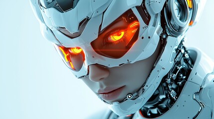 Futuristic female robot with glowing orange eyes and sleek white design, showcasing advanced technology and innovation.