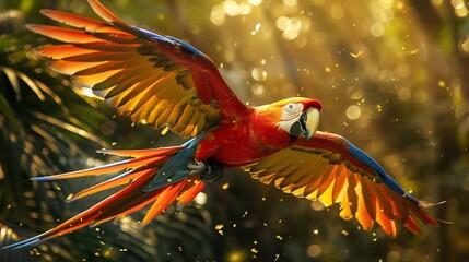 Stunning scarlet macaw soaring through a tropical rainforest vibrant red yellow and blue feathers glowing under golden sunlight