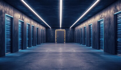 Fototapeta premium Neon-lit storage corridor with rows of metal doors
