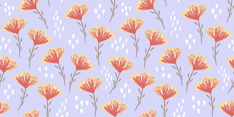 Cute sketch floral seamless pattern with childish orange and red flowers, white hearts leaves texture. Colorful botanical daisy floral print for textile, wrapping paper, surface, wallpaper