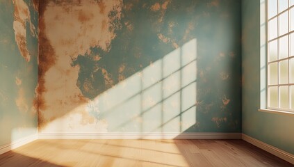 Sunlit empty room with textured teal wall, wood floor, and large window