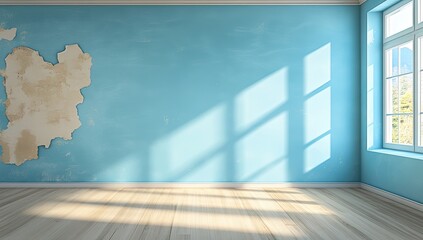 Sunlit room with pale blue walls, damaged plaster, and light wood floors