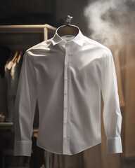 Sleek white dress shirt suspended, with steam creating an elegant atmosphere in a softly lit room.