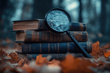 Naklejka premium A magnifying glass rests on a stack of antique books nestled amongst autumn leaves, evoking a sense of mystery and forgotten knowledge.