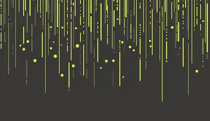 Abstract digital art with falling lines and dots in lime green and gray on dark background