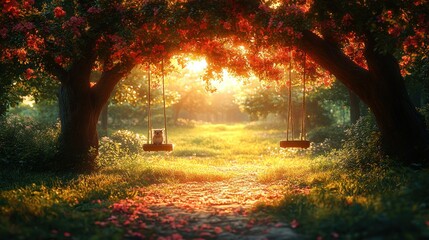 Magical swing set in a blossoming garden at sunrise