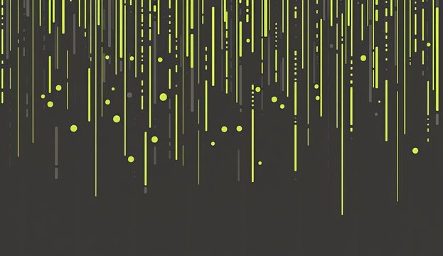 Abstract digital art with falling lines and dots in lime green and gray on dark background