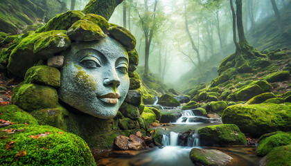 Moss covered Stone Sculpture of the head of Woman Goddess Figure in distant far away lands morning cloudy foggy atmosphere landscape of River Waterfall Mountains